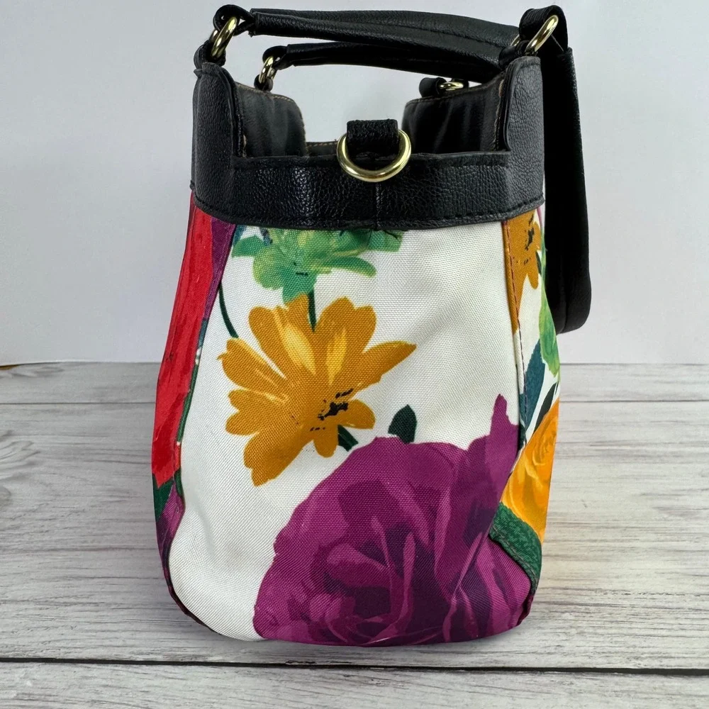 Avon Reversible Floral Butterfly Satchel Bag Black Faux Leather Rose Handbag